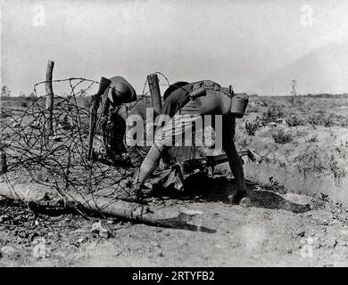 Frankreich 1918 Foto zeigt zwei Soldaten, die während des Ersten Weltkriegs einen in Stacheldraht verwickelten amerikanischen verwundeten Soldaten extrieren wollen Stockfoto