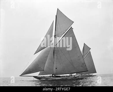 New York, New York 1901 die „Constitution“ und „Columbia“ nehmen an einem Probelauf während der America’s Cup-Rennen 1901 im Hafen von New York Teil. Columbia nahm den Titel zum zweiten Mal in Folge mit nach Hause und stellte einen neuen Rekord für die meisten Siege in Folge auf. Stockfoto