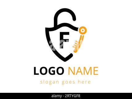 Das F-Schlüssellogo kombiniert mit dem House locker Key. Vektorillustration des Logozeichensymbols Stock Vektor
