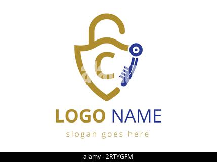 Das C-Schlüssellogo kombiniert mit dem House locker Key. Vektorillustration des Logozeichensymbols Stock Vektor