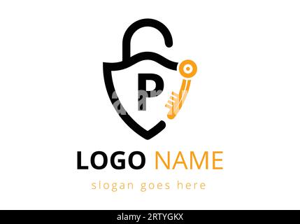 Das Logo des Buchstaben P und der Schlüssel des Hausschließfachs. Vektorillustration des Logozeichensymbols Stock Vektor