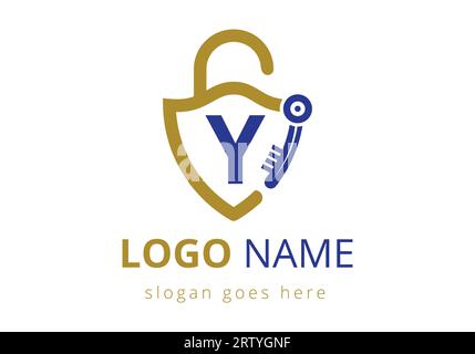 Das Y-Key-Logo des Buchstabens wird mit dem House locker Key kombiniert. Vektorillustration des Logozeichensymbols Stock Vektor