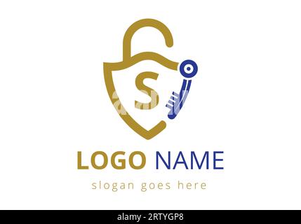 Das Logo des Buchstaben S und der Schlüssel des Hausschließfachs werden kombiniert. Vektorillustration des Logozeichensymbols Stock Vektor