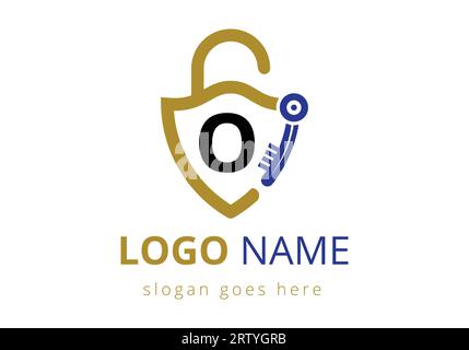 Das Logo des Buchstabens O Key wird mit dem Schlüssel des Hausschließfachs kombiniert. Vektorillustration des Logozeichensymbols Stock Vektor