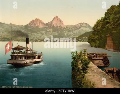 Blick auf Brunnen und Grosser Mythen, Treib, Vierwaldstättersee, Uri, Schweiz 1890. Stockfoto