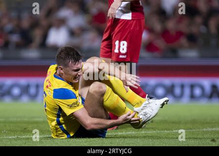 Westerlo, Belgien. September 2023. Westerlos Sergiy Sydorchuk reagiert auf ein Fußballspiel zwischen dem KVC Westerlo und dem Royal Antwerp FC, Freitag, den 15. September 2023 in Westerlo, am 7/30. Tag der ersten Liga der Jupiler Pro League 2023-2024 der belgischen Meisterschaft. BELGA PHOTO KRISTOF VAN ACCOM Credit: Belga News Agency/Alamy Live News Stockfoto