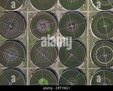 Rotherwas Hereford UK: Luftaufnahme der Kläranlage und Filterbetten aus Wales im September 2023 Stockfoto