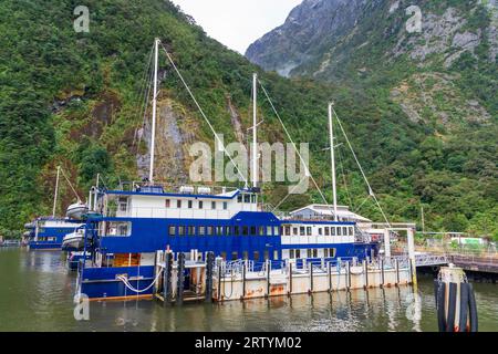 Foto von Booten, die im Hafen im Milford Sound im Fiordland-Nationalpark auf der Südinsel Neuseelands vertäut sind Stockfoto