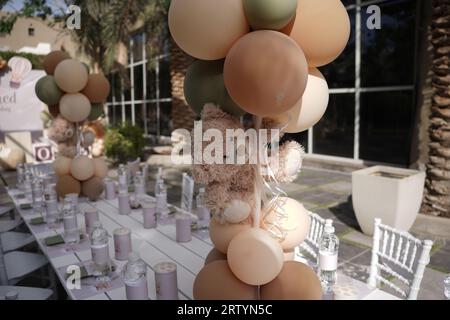 Kindergeburtstag, Kindergeburtstag Thema Teady Bär oder Grizzlybär Thema. Kinder winziger Esstisch mit Tellern und Wasser. Outdoor-Party für Kinder Stockfoto