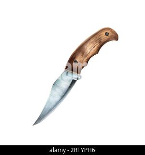 Aquarell Camping und Kochmesser illlustration mit Holzgriff. Ausrüstung für Freizeittourismus und Werbung isoliert auf weißem Hintergrund Stockfoto