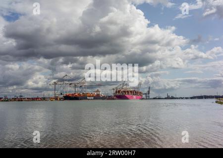 Blick über den River Test nach Southampton Hafen/Docks, , Eling, Hampshire, England, UK Stockfoto