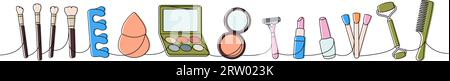 Set mit Make-up- und Beauty-Tools, einzeilige farbige, durchgehende Zeichnung. Bürsten, Schwamm, Fingerabscheider, nagellackpalette, Massagewalze, Haarkamm Stock Vektor