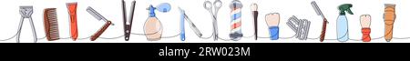 Friseurladen, einzeilige, farbige, durchgehende Zeichnung. Haarschneider, Kamm, Rasierklinge, Parfümsprüher, Schere, Make-up-Pinsel, durchgehende einzeilige Abbildung. Stock Vektor