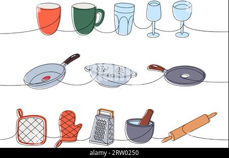 Küchenutensilien eine Linie farbige durchgehende Zeichnung. Becher, Becher, Weinglas, Pfanne, Sieb, Fäustling, Mörtel, Rollstift, eine Linie. Stock Vektor
