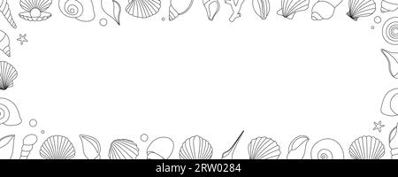 Horizontales Umrissbanner für Meeresschalen. Tropische Unterwassermuscheln. Süßwasseralgen, Korallen, Seesterne, Meeresmuscheln, Jakobsmuscheln, Perlen. Stock Vektor