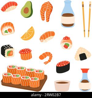 Sushi-Food-Sammlung. Ikura Sushi, Tobiko Maki, philadelphia Roll, Onigiri, Garnelen Nigiri, Tekkamaki Thunfischrolle, Futomaki, Sake-Temaki, Soja-Schüssel Stock Vektor