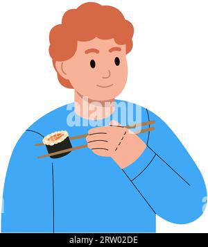 Junger Mann, der Fast-Food-Sushi isst. Traditionelles asiatisches Essen. Abbildung: japanisches Restaurantmenü. Stock Vektor