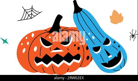 Ein paar unheimliche Gesichter für Kürbisse. Halloween-Kürbisse mit furchterregenden Gesichtern. Herbstgemüse für halloween. Vektorillustration. Stock Vektor
