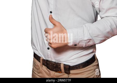 Die Hand eines Mannes in einem weißen Hemd und einer Hose zeigt die Klasse mit coolen Daumen auf einem isolierten Hintergrund. Stockfoto