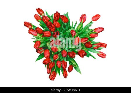 Großer Blumenstrauß mit roten Tulpenblüten mit grünen Blättern auf weißem Hintergrund isoliert. Stockfoto