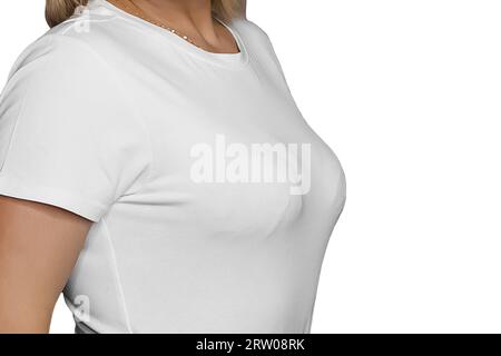 Leichtes T-Shirt im Mode- und Bekleidungsstil für Damen auf weißem isoliertem Hintergrund. Stockfoto