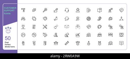 Kundensupport und Kundenzufriedenheit Kommunikation icon 50 Set Einzelstrich Vektorsammlung erweiterbare und farbveränderbare Pixel perfekte Symbolsätze Stock Vektor