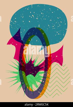 Halloween risograph Poster mit Fledermaus, Sprechblase und geometrischen Formen. Trendiges Riso-Grafik-Design. Geometrieelemente abstrakte Drucktextur St Stock Vektor