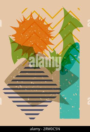 Halloween risograph Poster mit Fledermaus, Sprechblase und geometrischen Formen. Trendiges Riso-Grafik-Design. Geometrieelemente abstrakte Drucktextur St Stock Vektor