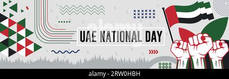 UEA Nationaltagsbanner mit Karte, Flagge der vereinigten arabischen emirate Farben Themenhintergrund und geometrisches abstraktes Retro modernes farbenfrohes Design Stock Vektor