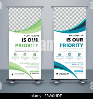 Modernes Healthcare und medizinisches Roll-up-Design für Krankenhausarzt Klinik Dental. Stehende Banner-Vorlage Dekoration für Ausstellung, Druck, Stock Vektor