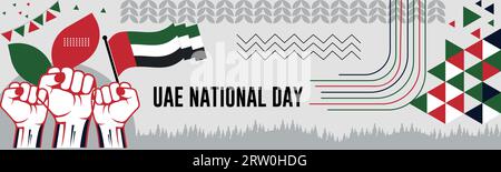 UEA Nationaltagsbanner mit Karte, Flagge der vereinigten arabischen emirate Farben Themenhintergrund und geometrisches abstraktes Retro modernes farbenfrohes Design Stock Vektor