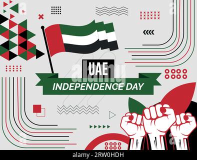 UEA Nationaltagsbanner mit Karte, Flagge der vereinigten arabischen emirate Farben Themenhintergrund und geometrisches abstraktes Retro modernes farbenfrohes Design Stock Vektor