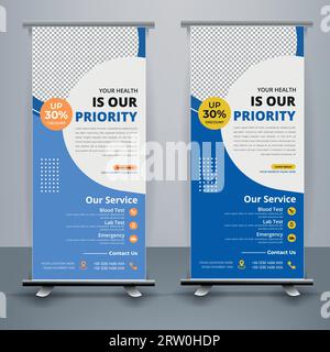 Modernes Healthcare und medizinisches Roll-up-Design für Krankenhausarzt Klinik Dental. Stehende Banner-Vorlage Dekoration für Ausstellung, Druck, Stock Vektor