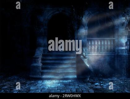 Verlassene Spukvilla in der Nacht und dunkle Geisterfrau, 3D-Illustration. Stockfoto