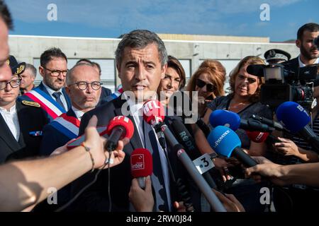 Marseille, Bouches Du Rhone, Frankreich. September 2023. Gerald Darmanin spricht mit der Presse. Gerald Darmanin, französischer Minister für Inneres und Überseegebiete, weiht die neuen Gebäude der RAID-Polizeiabteilung in Marseille ein. (Credit Image: © Laurent Coust/SOPA Images via ZUMA Press Wire) NUR REDAKTIONELLE VERWENDUNG! Nicht für kommerzielle ZWECKE! Stockfoto