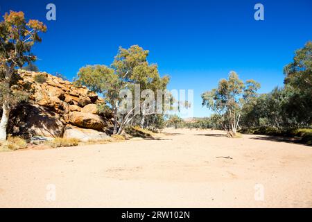 Trockenes Flussbett des Todd River in der Nähe der Alten Telegrafenstation in Alice Springs, Australien Stockfoto