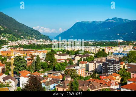 Bellinzona Stadt Antenne Panoramablick, Tessin Kanton der Schweiz Stockfoto