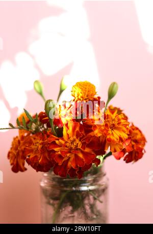 Ein Blumenstrauß aus leuchtend orangen und gelben Tagetes patula, die französischen Ringelblumen in einem Glas Stockfoto