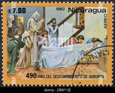 Von Nicaragua gedruckte Stempelmarke, die den Tod von Columbus, Discovery of America, 490 Jahrestag, um 1982 zeigt. Stockfoto