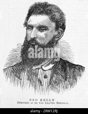 Ned Kelly Edward Kelly (* 1854. Dezember bis 11. November 1880) war ein australischer Bushranger, Gesetzloser, Bandenführer und verurteilter Polizeimörder. Als einer der letzten Bushrangers ist er dafür bekannt, dass er bei seinem letzten Schießerei mit der Polizei einen kugelsicheren Anzug trägt. Stockfoto