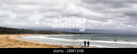 Panorama auf Cape Conran Beach, Victoria, Australien, an einem bewölkten Tag Stockfoto