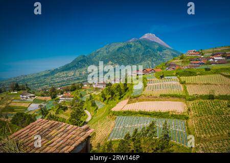 Foto des Mount Merbabu und der umliegenden Felder mit Häusern in einem Dorf in der Nähe von Yogya in der Provinz Zentral-Java in Indonesien Stockfoto