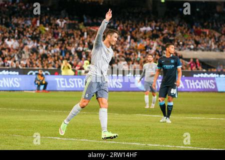 MELBOURNE, AUSTRALIEN, 24. JULI: Cristiano Ronaldo feiert sein Tor im dritten Spiel des Internationalen Champions Cup 2015 Stockfoto