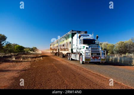 Gemtree, Australien, 6. Juli 2015: Ein legendärer australischer Straßenzug mit drei Anhängern fährt auf dem Plenty Hwy in der Nähe von Gemtree im Northern Territory, Australien Stockfoto