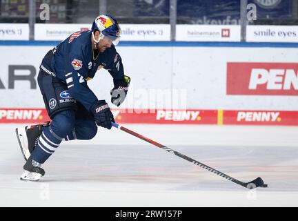 München, Deutschland. September 2023. Eishockey: DEL, EHC Red Bull München - Düsseldorfer EG, Hauptrunde, 1. Spieltag im Olympia-Eissportzentrum. Andrew MacWilliam von München in Aktion. Quelle: Sven Hoppe/dpa/Alamy Live News Stockfoto