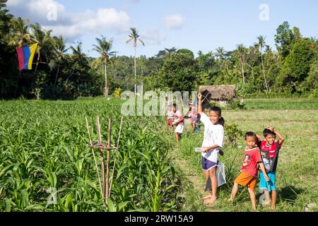 Bali, Indonesien, 07. Juli 2015: Balinesische Kinder spielen mit Drachen auf den Feldern Stockfoto