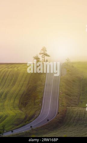Fahren Sie an einem dramatischen Tag in der Wintersaison durch nebelverhangene Toskana-Italien-Wiesen Stockfoto