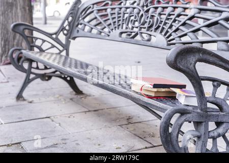 Eine gusseiserne Bank, die auf einer Straße mit ein paar Büchern aufgestellt ist, um Sie abzulenken Stockfoto