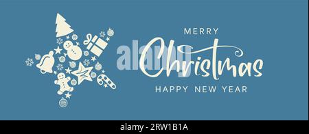 Frohe Weihnachten und Happy New Year Schriftzug und Stern. Weihnachtsbanner-Konzept Stock Vektor