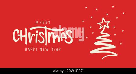 Weihnachtskarte mit weihnachtsbaum. Frohe Weihnachten und Happy New Year Schriftzug Stock Vektor